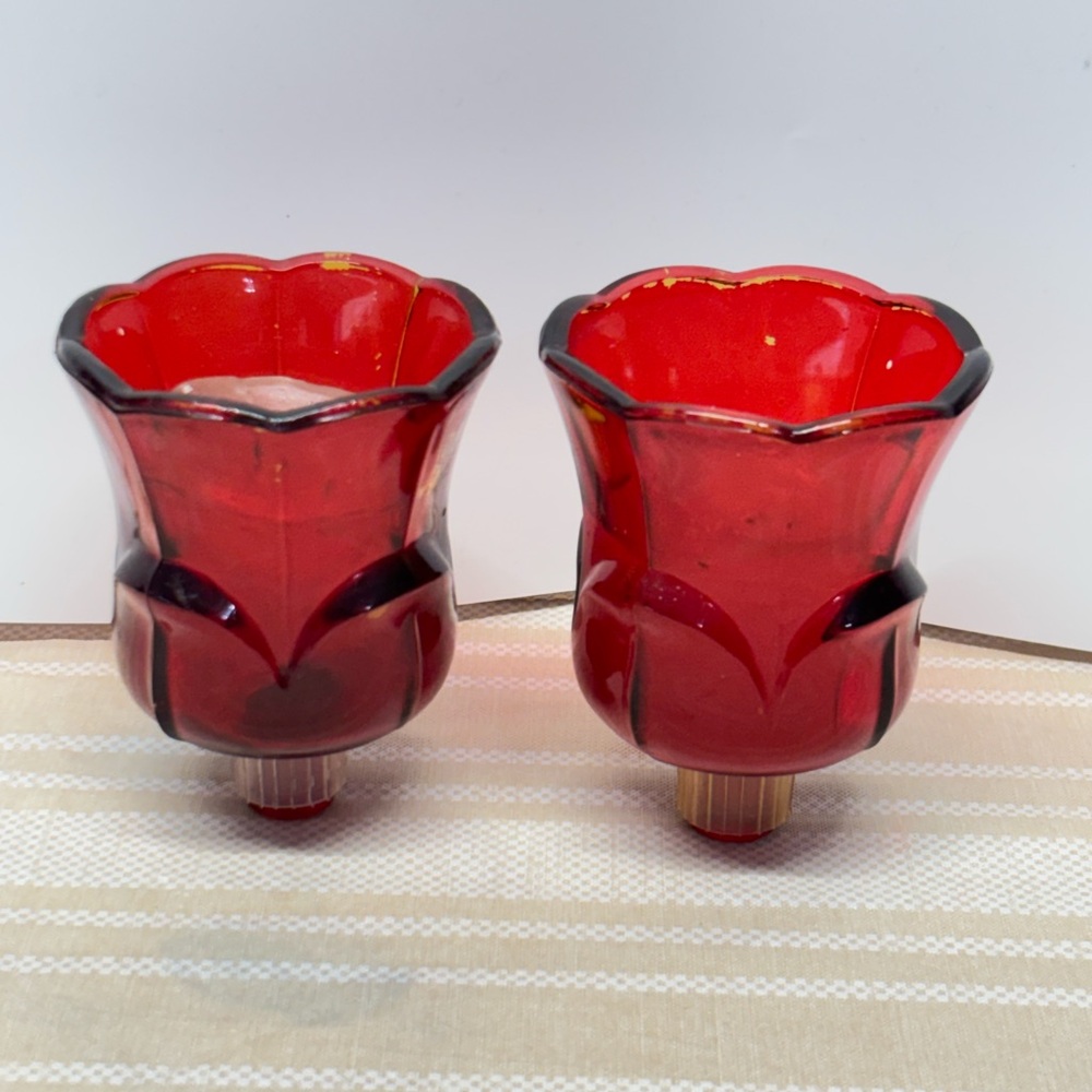 Vtg Ruby Red Lotus Thick Heavy Glass Votive Candle Holder Cups Set Of 2
